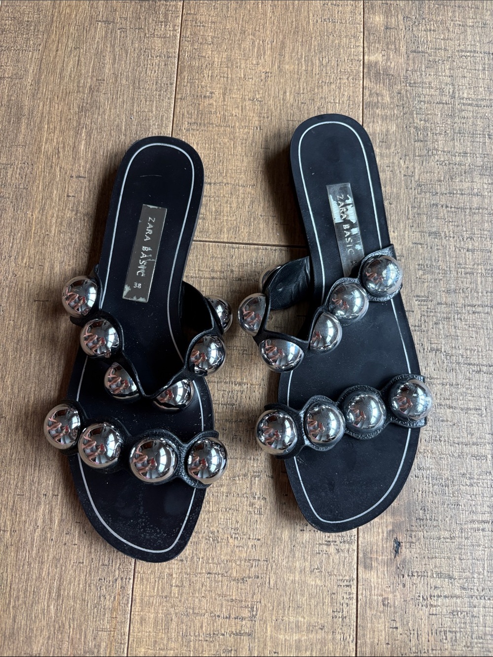 Zara Black Slide Mules with Silver Orb Studs